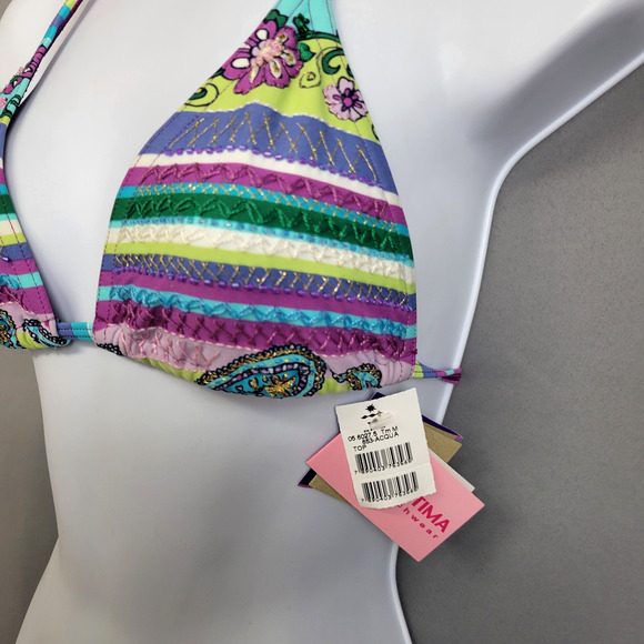 Cia Maritima Bikini Top Womens Medium Embroidered Beaded Floral Stripe Swimwear - Picture 7 of 16